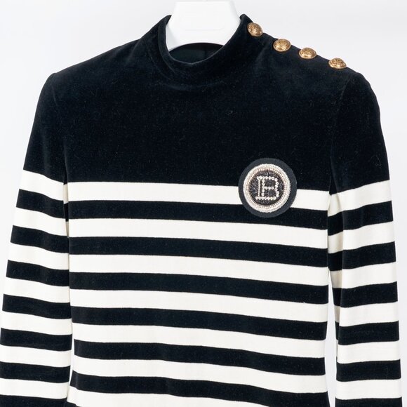 Balmain Black & White Striped Velvet Long-Sleeve Mini Dress - Picture 4 of 14